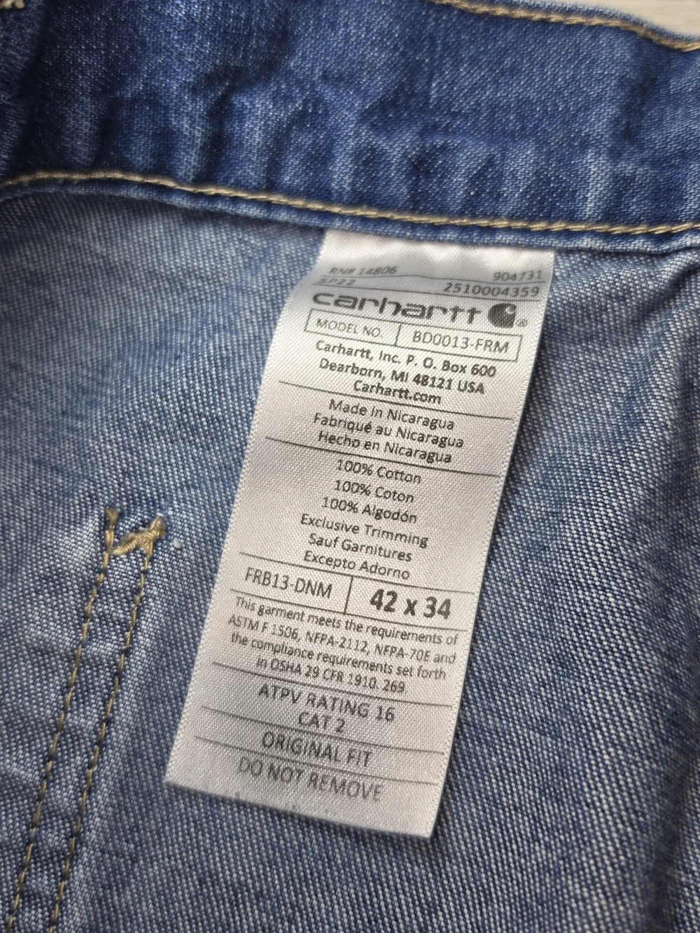 Carhartt FR Denim Carpenter Work Pants Men's Original Fit Jeans Size 42x34